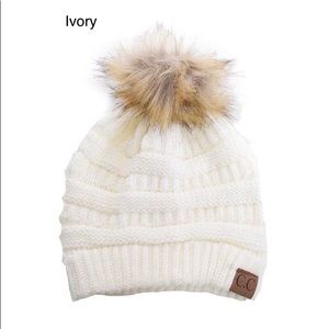 Ivory CC Knit Beanie with Faux Fur Pom